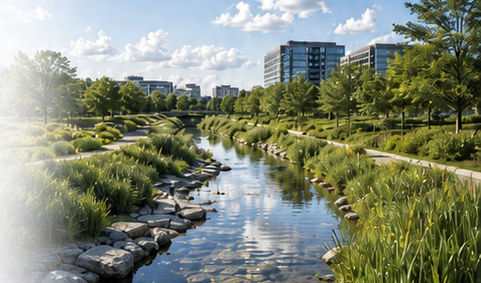 A landscaped urban park with a stream, green trees, and modern buildings in the background under a partly cloudy sky.