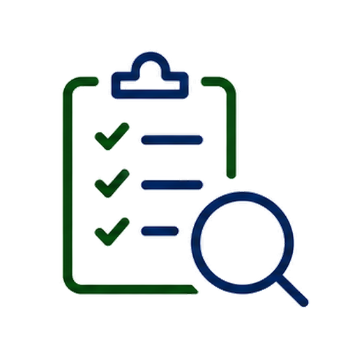 Icon of a clipboard with a checklist and a magnifying glass.