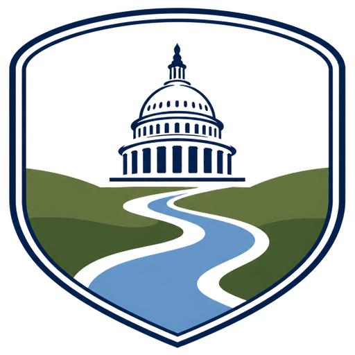 An illustration of the U.S. Capitol building with a river and green hills in front, enclosed in a shield-shaped badge.