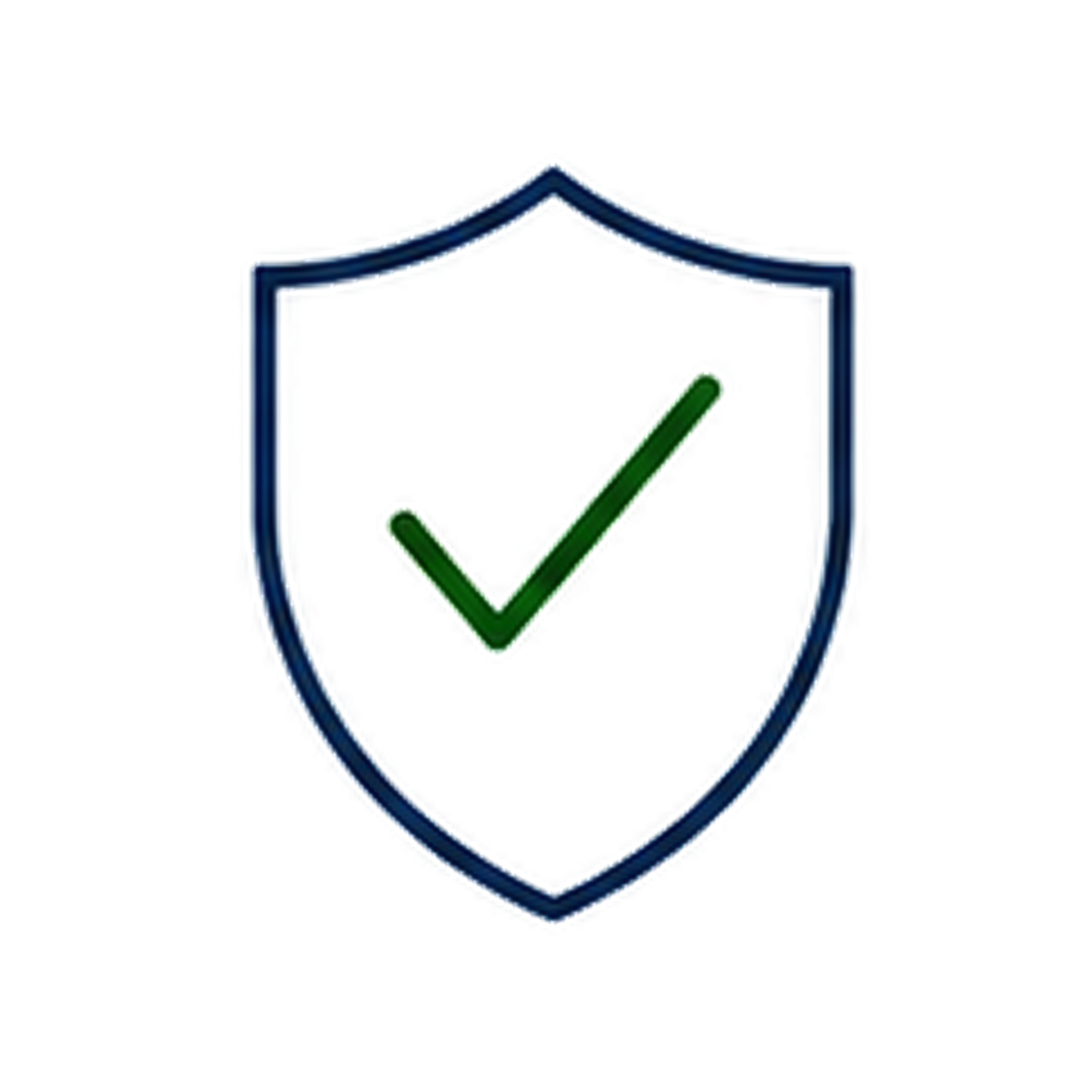 A white shield with a blue outline and a green checkmark in the center.