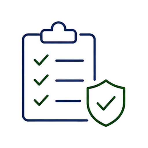 Checklist on a clipboard with a shield and checkmark icon representing security and verification.