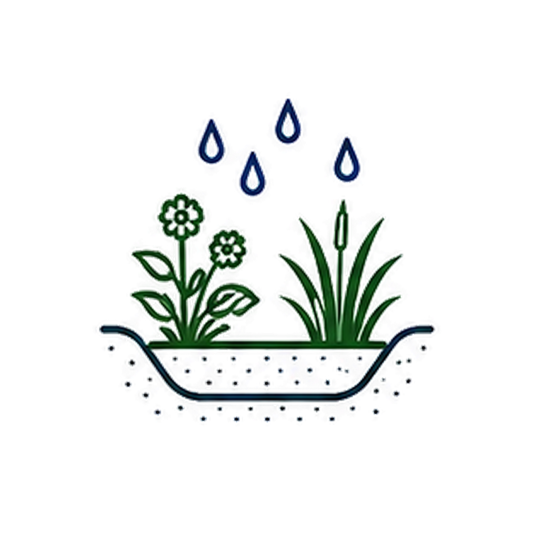 A logo featuring a black outline of a watering can with green plants and flowers inside. Blue water droplets are falling from a plant above the watering can.