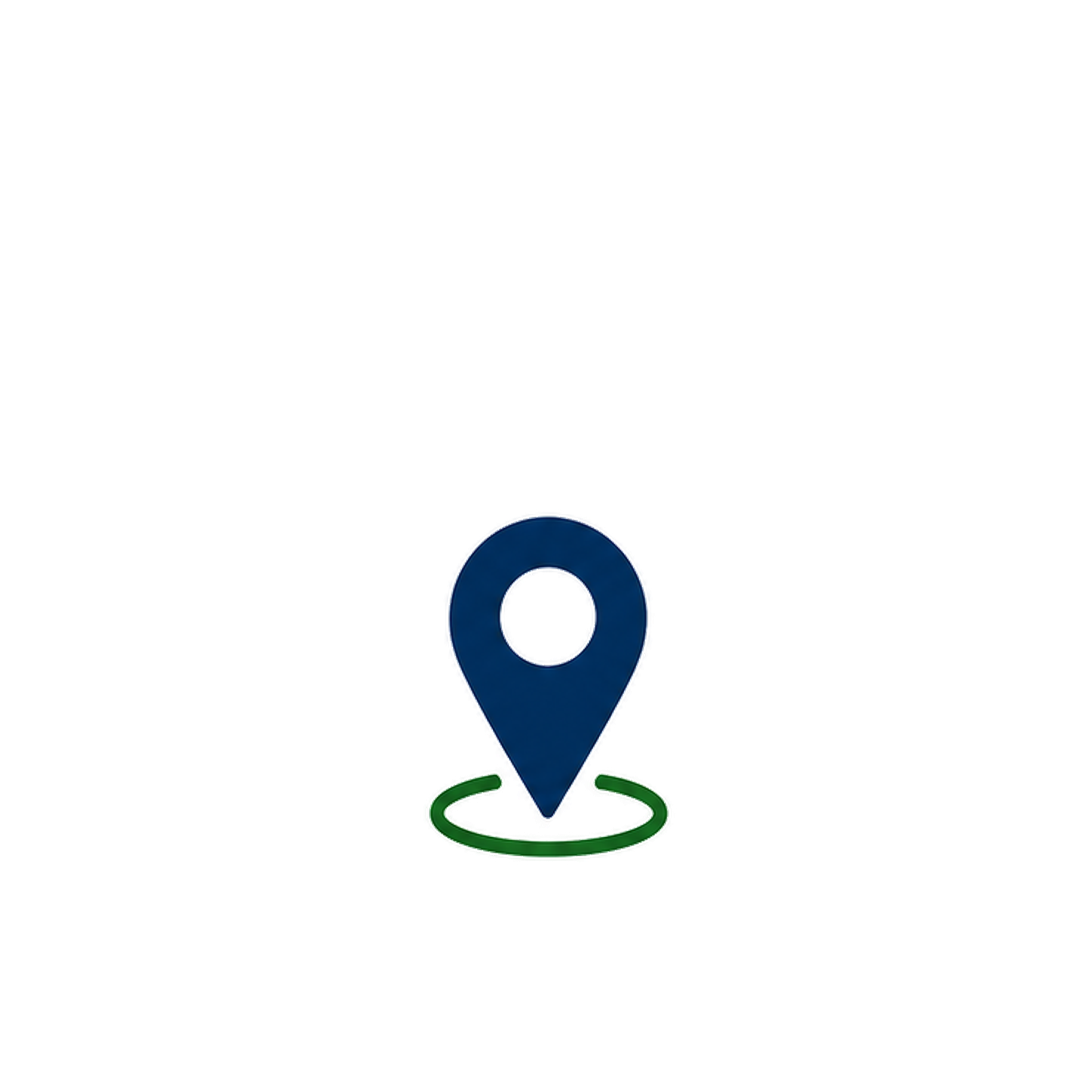 A digital illustration of a map location pin with a blue circle and white center, surrounded by a green ring, on a black background.
