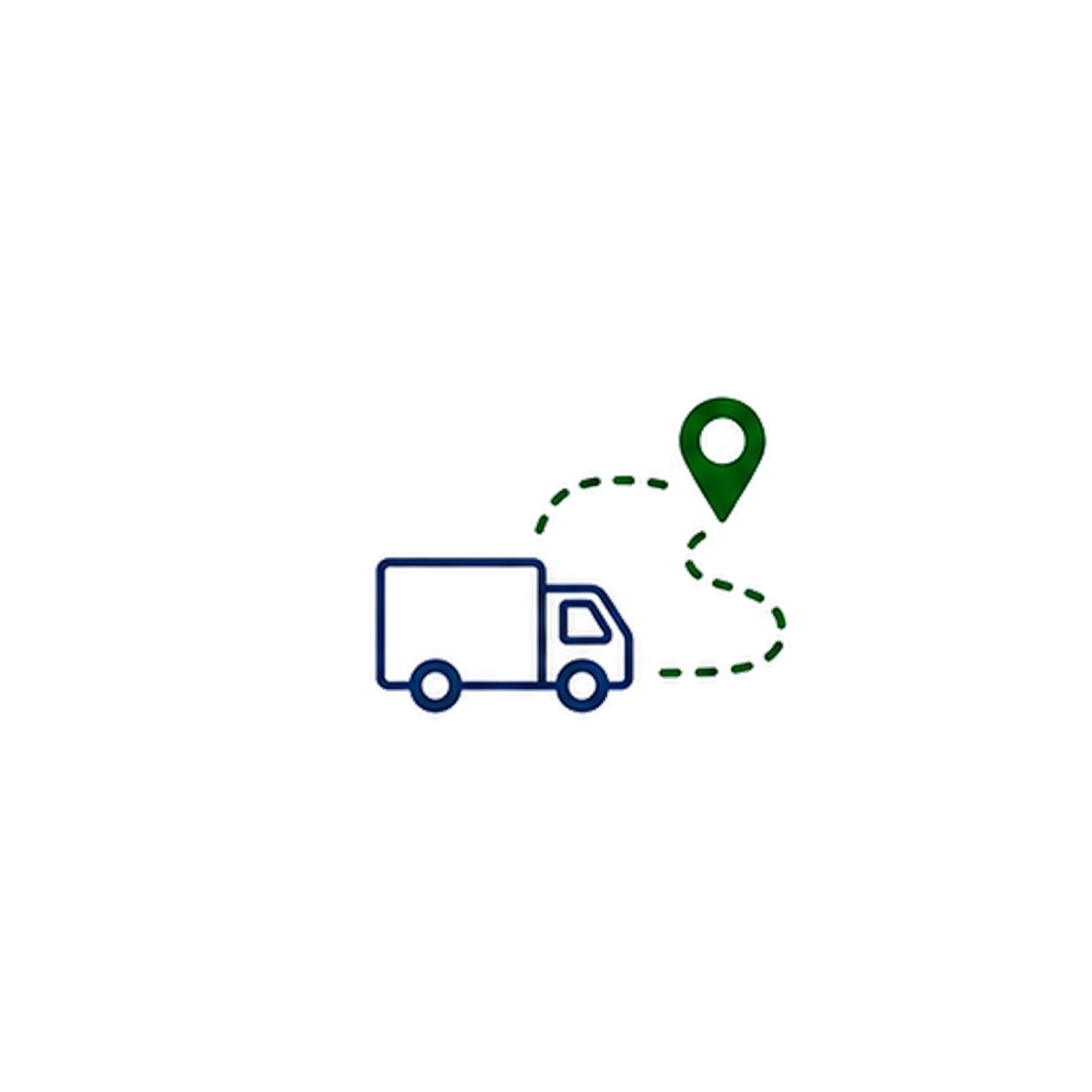 A map showing a dotted green path from a location marked with a green pin to a location marked with a blue square.