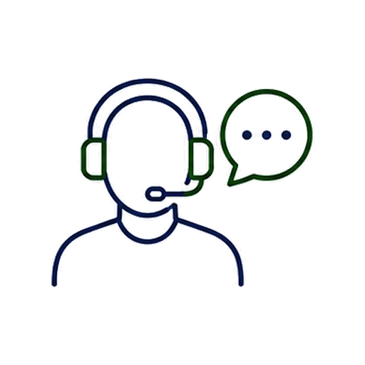 Outline drawing of a customer service representative wearing a headset and a speech bubble with ellipsis.
