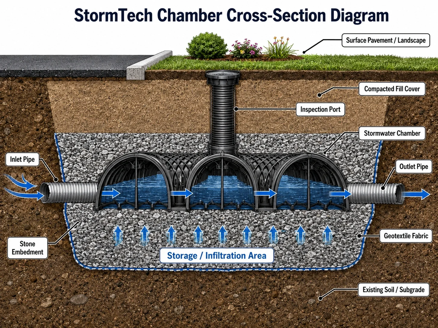 Underground stormwater chamber cross-section diagram showing storage and infiltration area, stone embedment, inspection port, and outlet pipe.