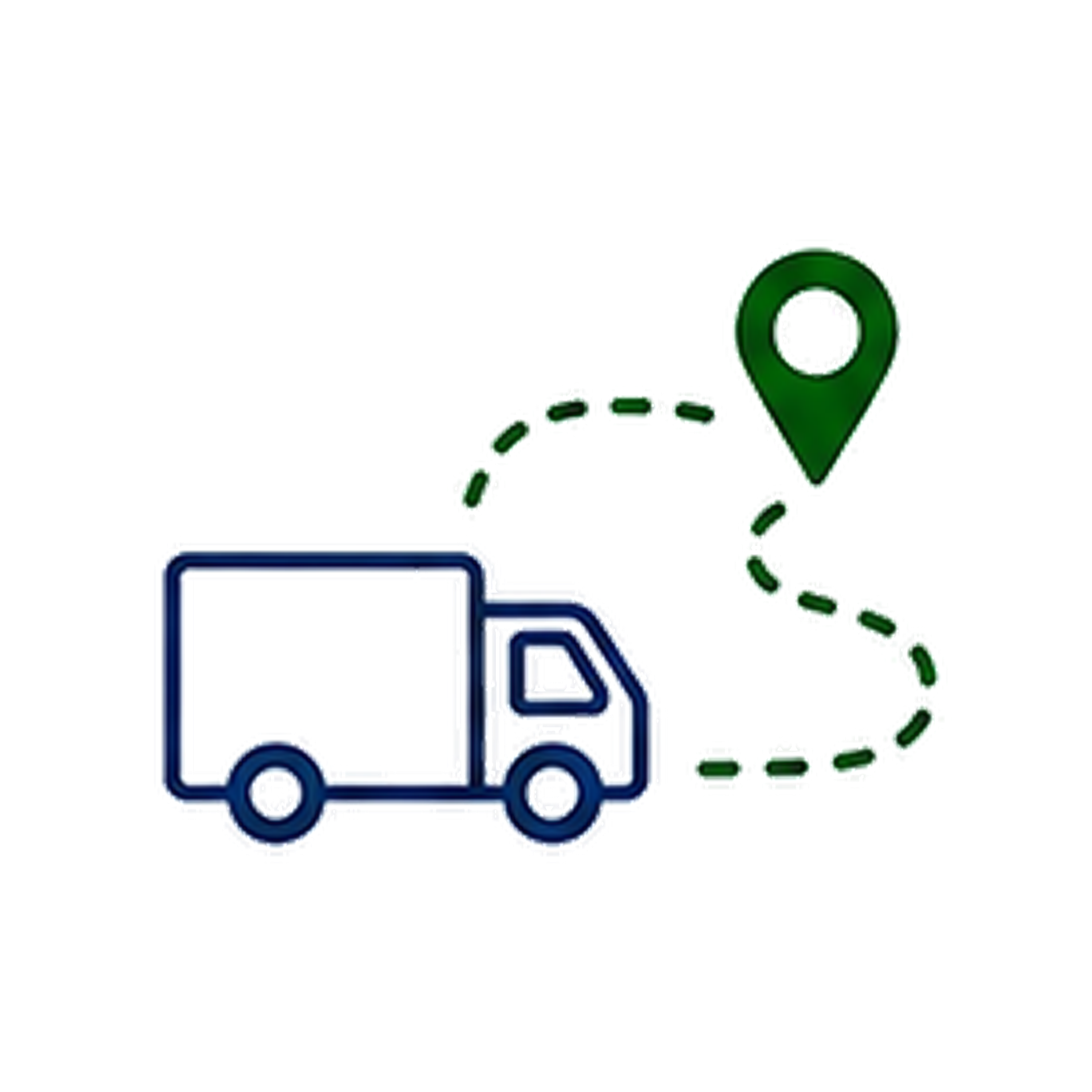 A digital illustration of a blue delivery truck with a box on top, accompanied by a green location pin and a dotted arrow indicating movement.