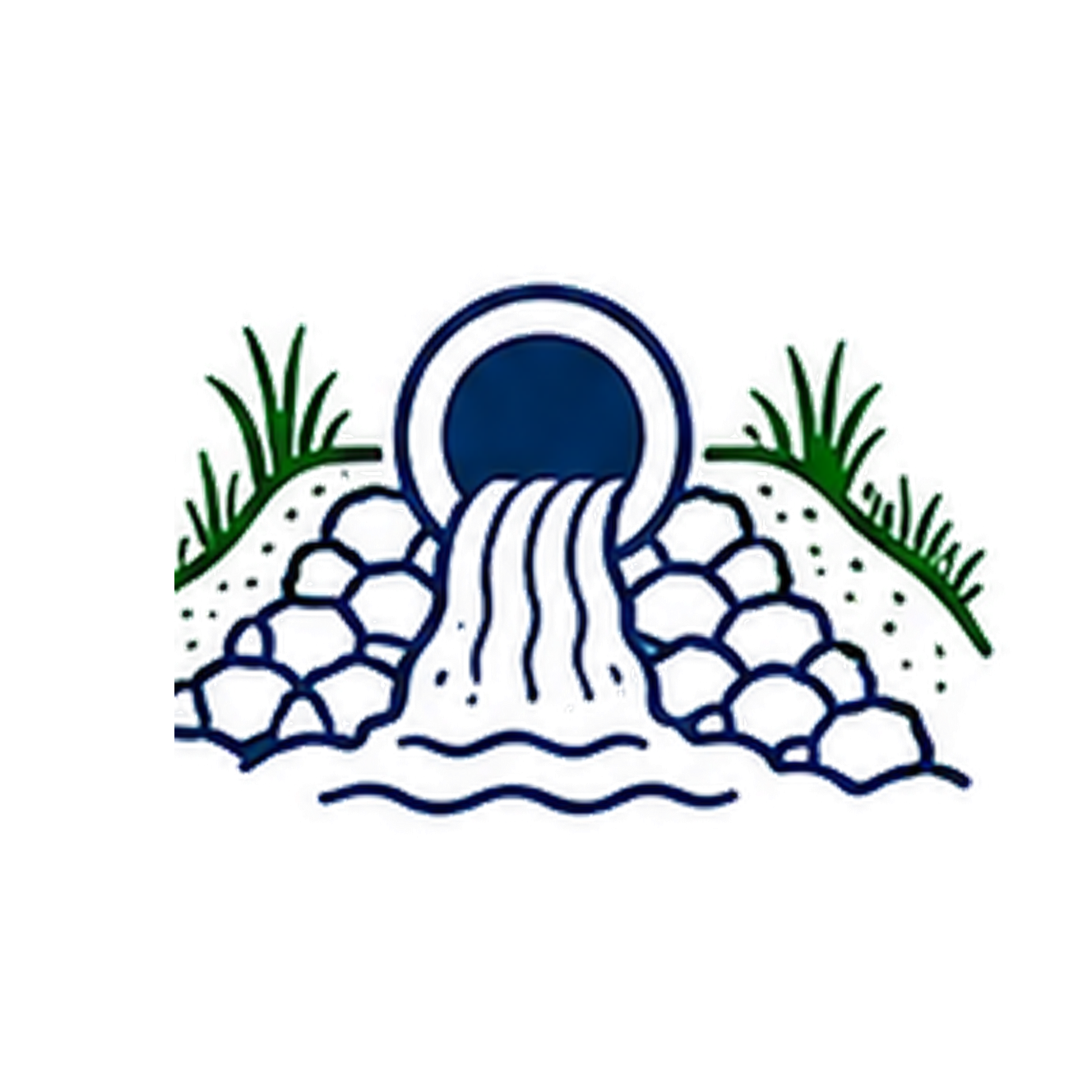 A stylized logo featuring a dark blue circle with white water flowing from it, surrounded by rocks and green grass on each side.