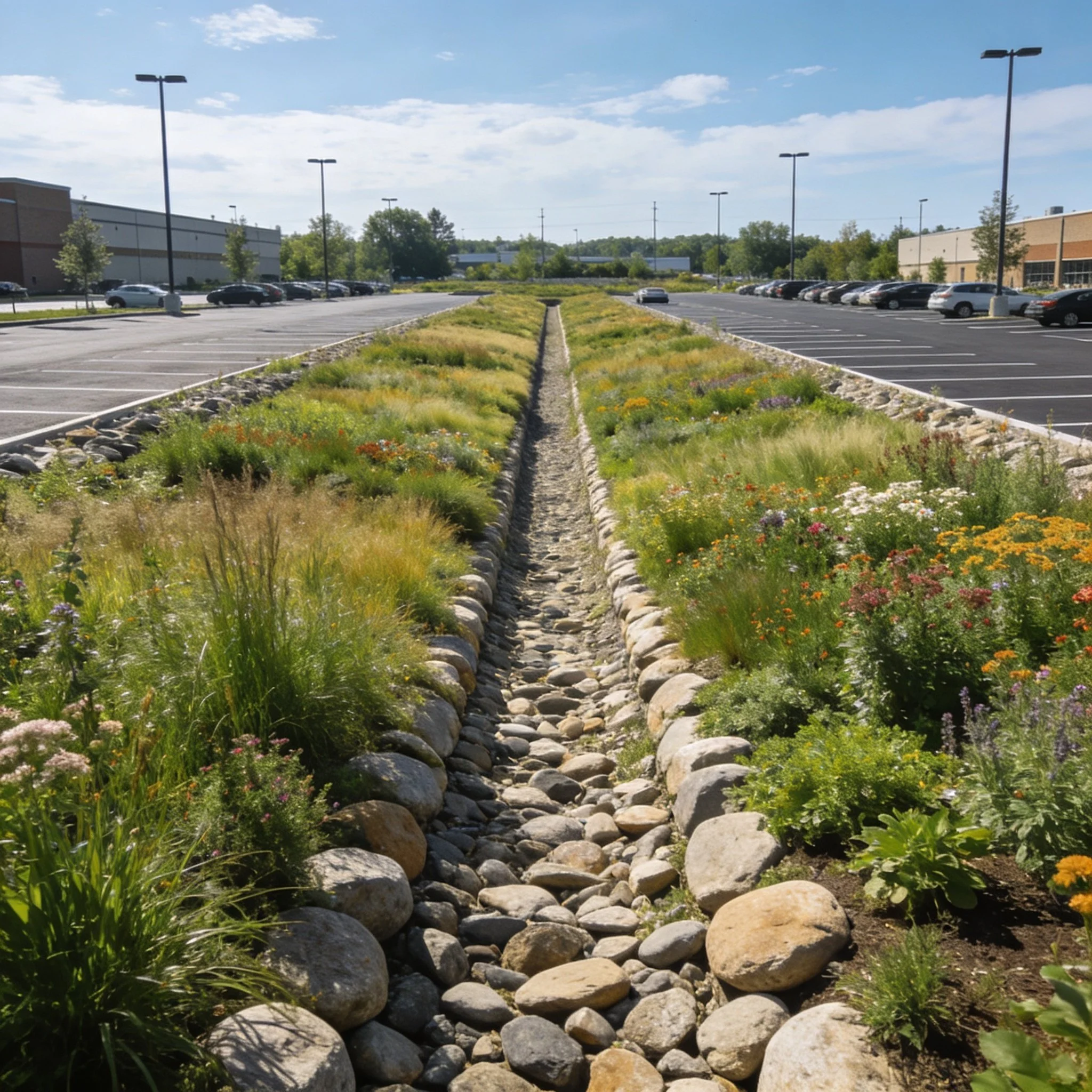 Vegetated bioswale in a commercial parking lot median with a rock-lined channel and native plantings treating stormwater runoff in Northern Virginia.