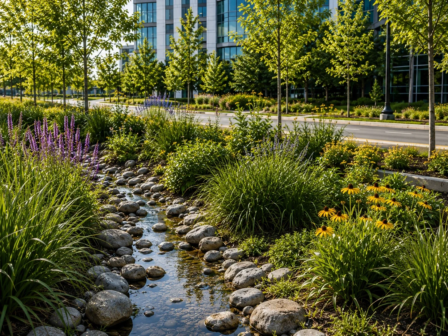 Urban bioretention channel with native plants, stone-lined flow path, trees, and commercial buildings for landscaped stormwater treatment.
