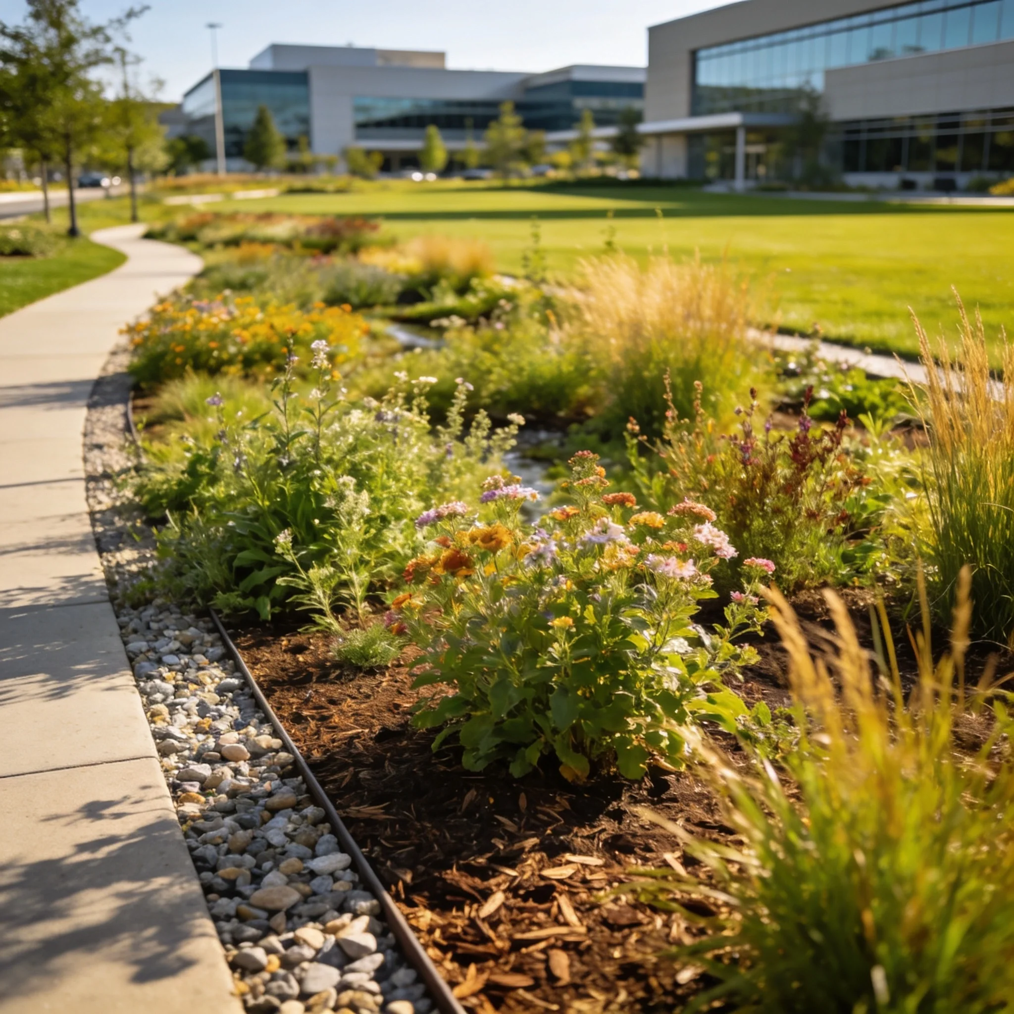 Commercial rain garden with native plantings, mulch, stone border, and sidewalk edge for stormwater treatment beside office buildings.