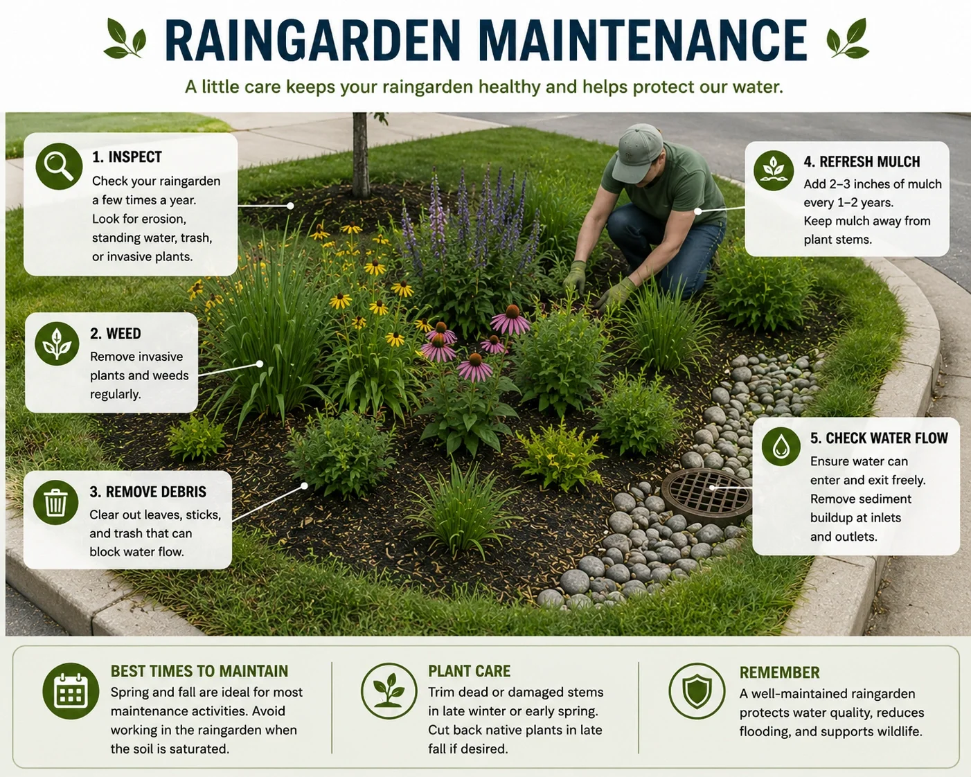 Rain garden maintenance infographic showing inspection, weeding, debris removal, mulch refresh, water flow checks, and native plant care tips.