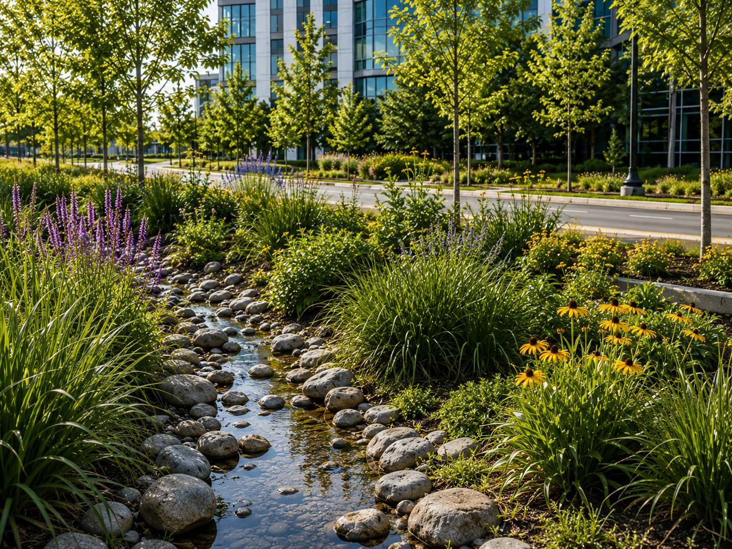 Landscaped bioretention bioswale with native grasses, wildflowers, and a rock-lined channel filtering stormwater runoff beside a commercial office building.