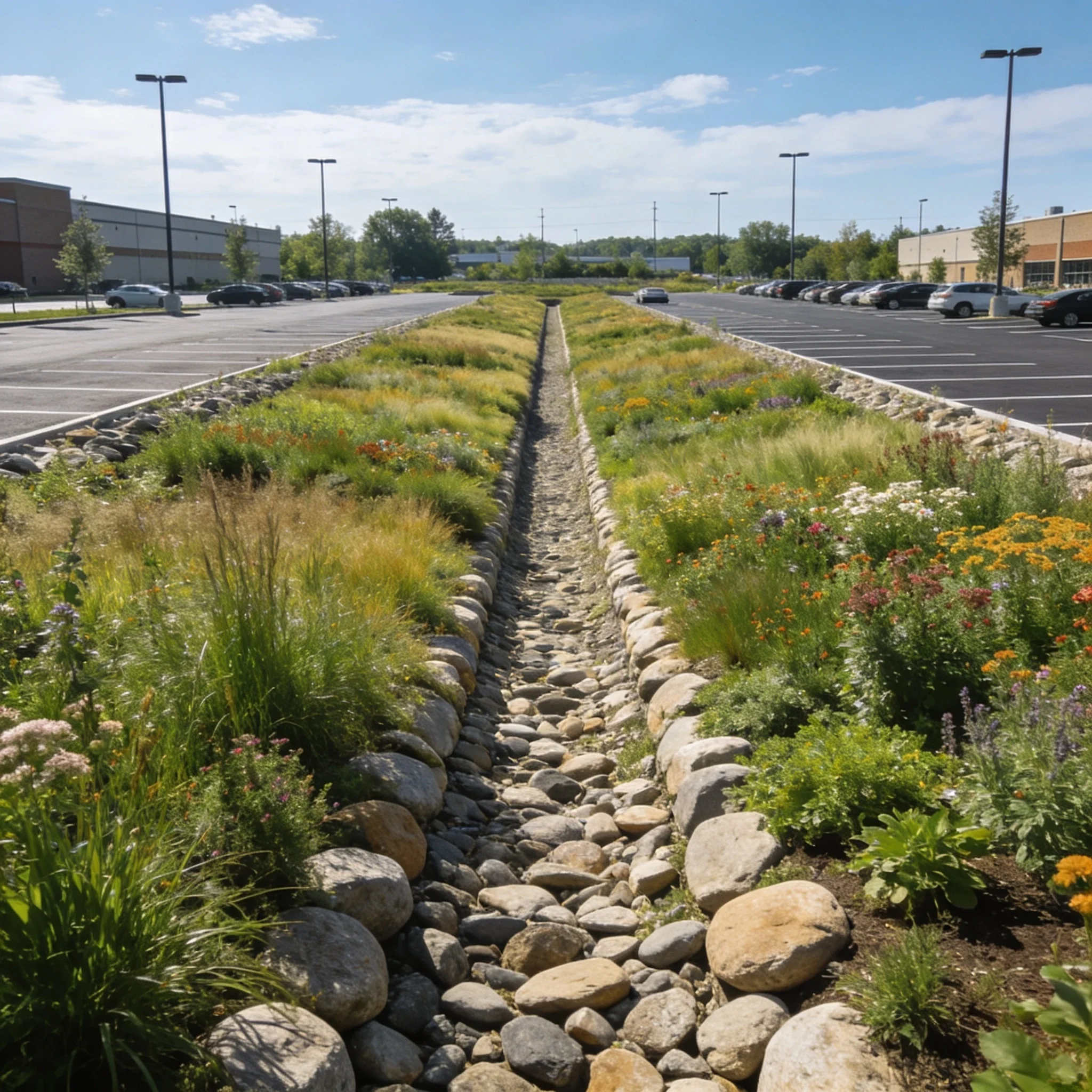 Parking lot bioswale with stone channel, native plants, flowering vegetation, and long drainage corridor for stormwater runoff management.