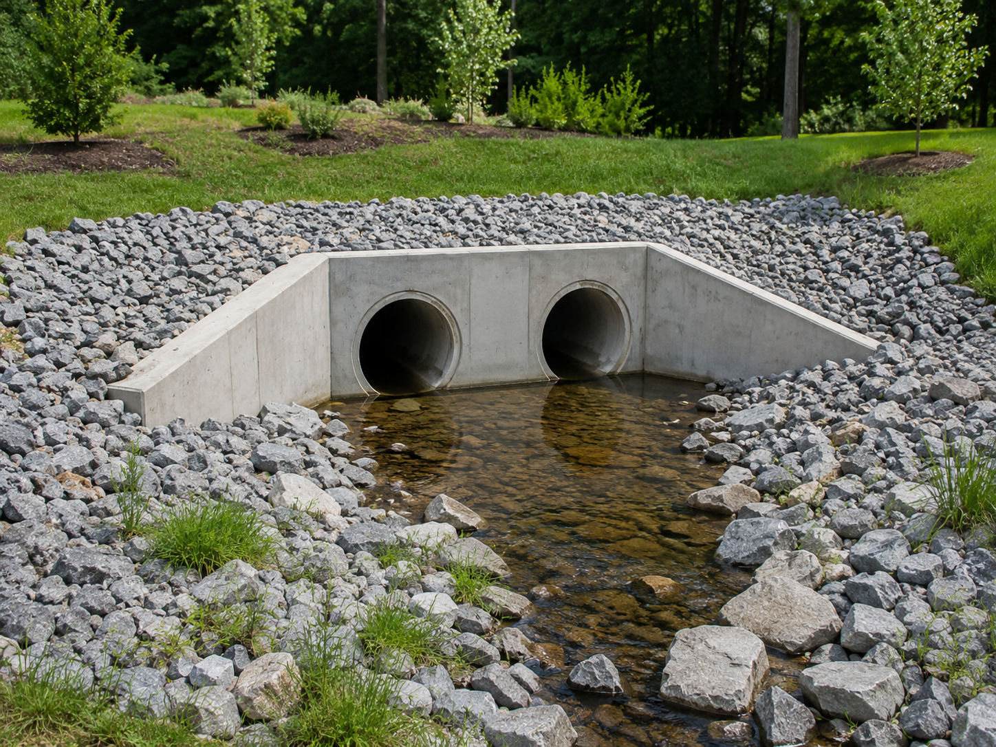 Twin concrete box culvert outfall with riprap energy dissipation and a stream channel, part of a stormwater conveyance system in Northern Virginia.