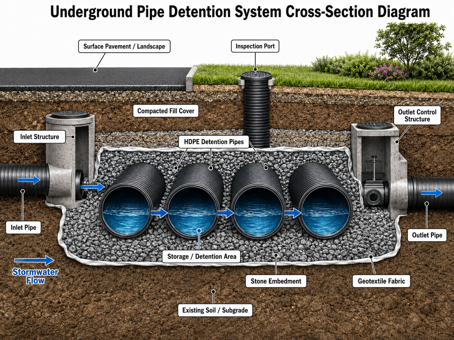 Underground pipe detention system cross-section diagram showing inlet structure, HDPE detention pipes, stone embedment, geotextile fabric, and outlet control.