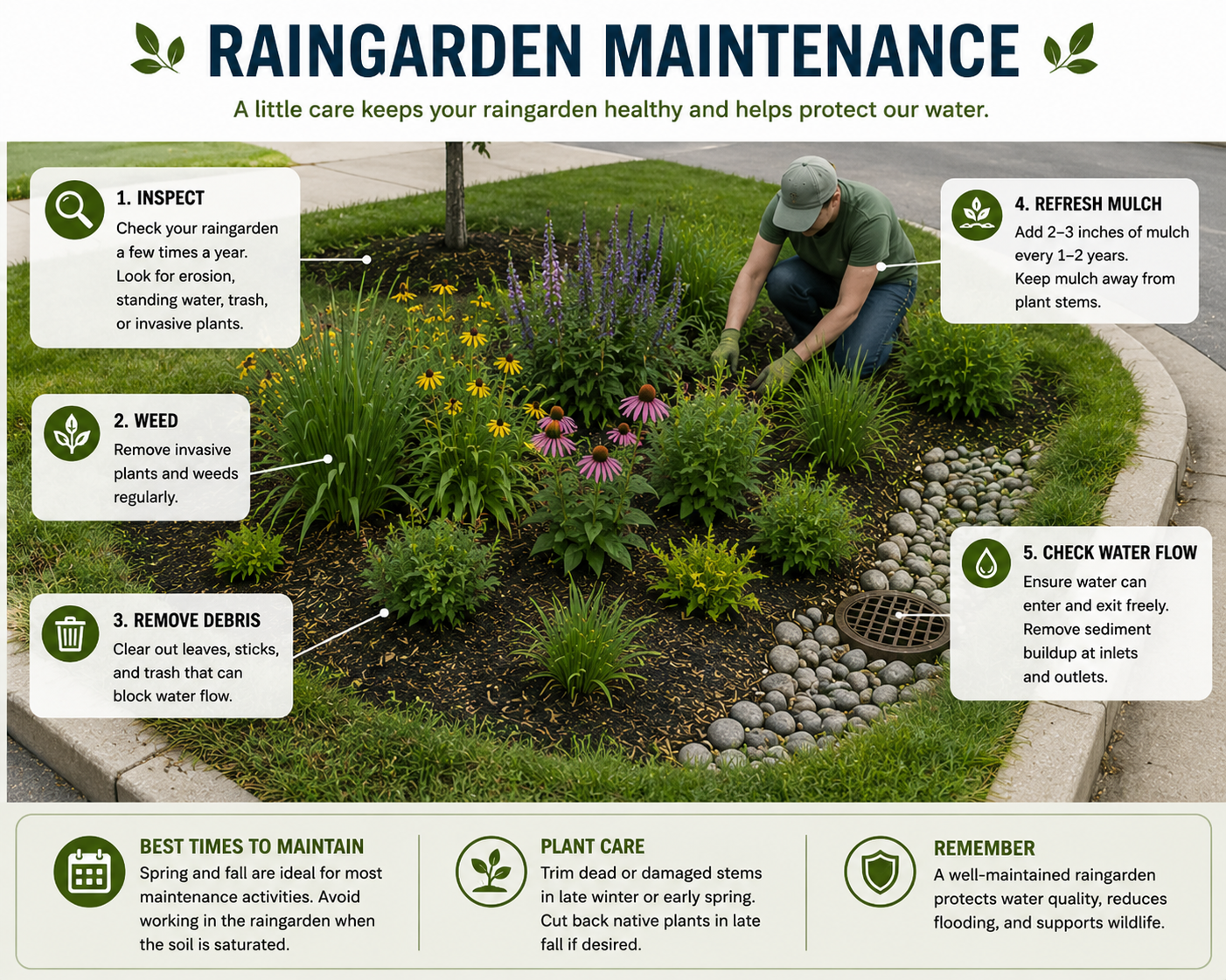 Rain garden maintenance guide infographic showing five steps: inspect, weed, remove debris, refresh mulch, and check water flow at inlets and outlets.