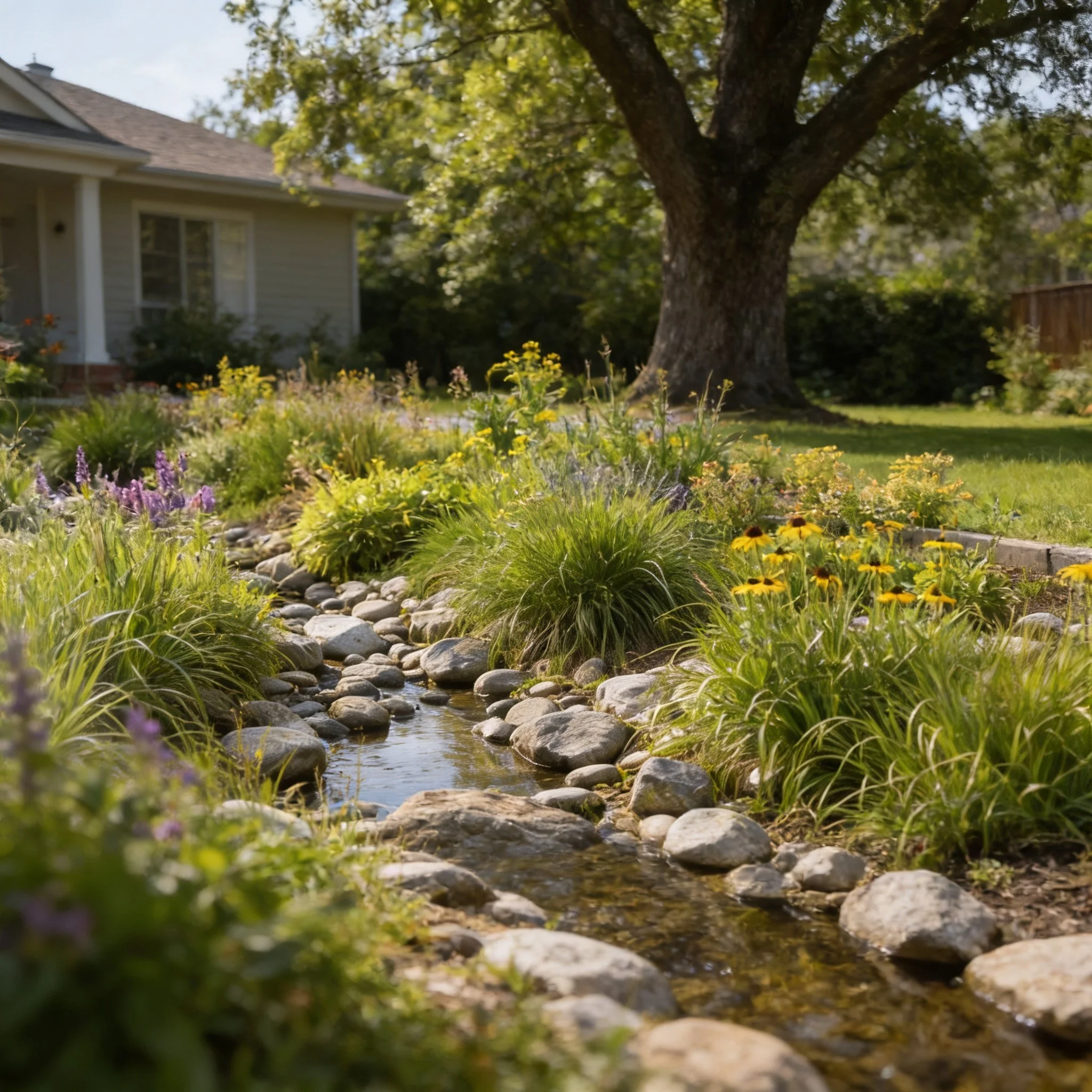 Residential rain garden with a rock-lined dry creek bed and native plantings managing stormwater runoff in a Northern Virginia front yard.