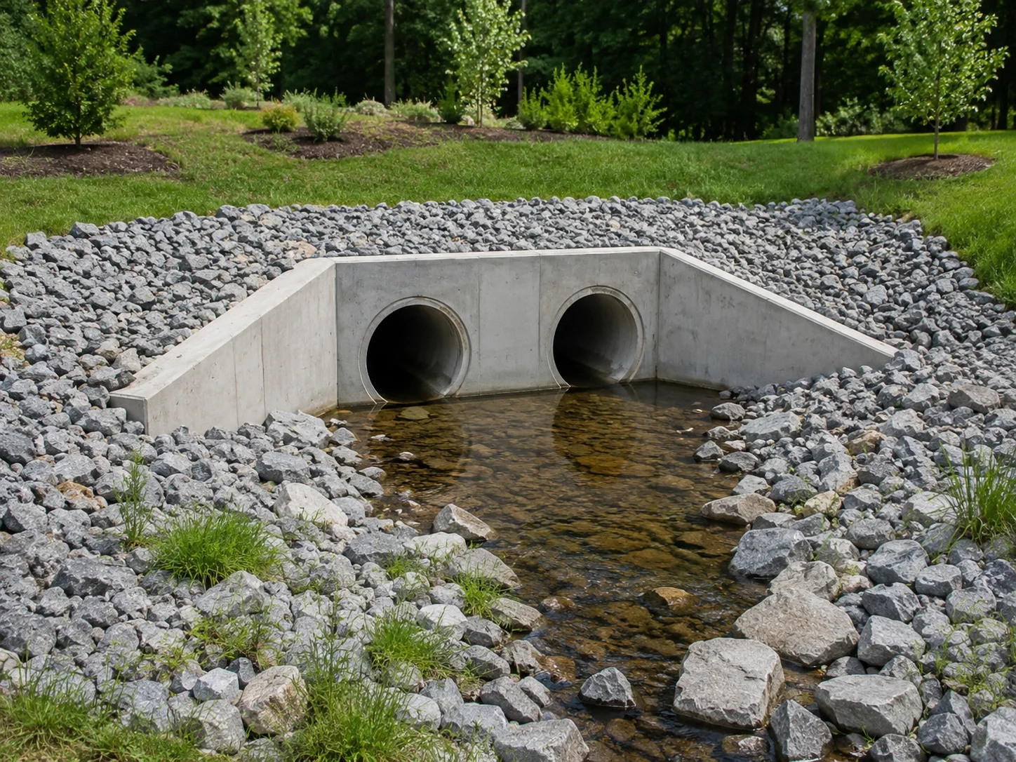 Concrete stormwater outlet structures with riprap protection and drainage flow channel built to manage runoff and prevent erosion.