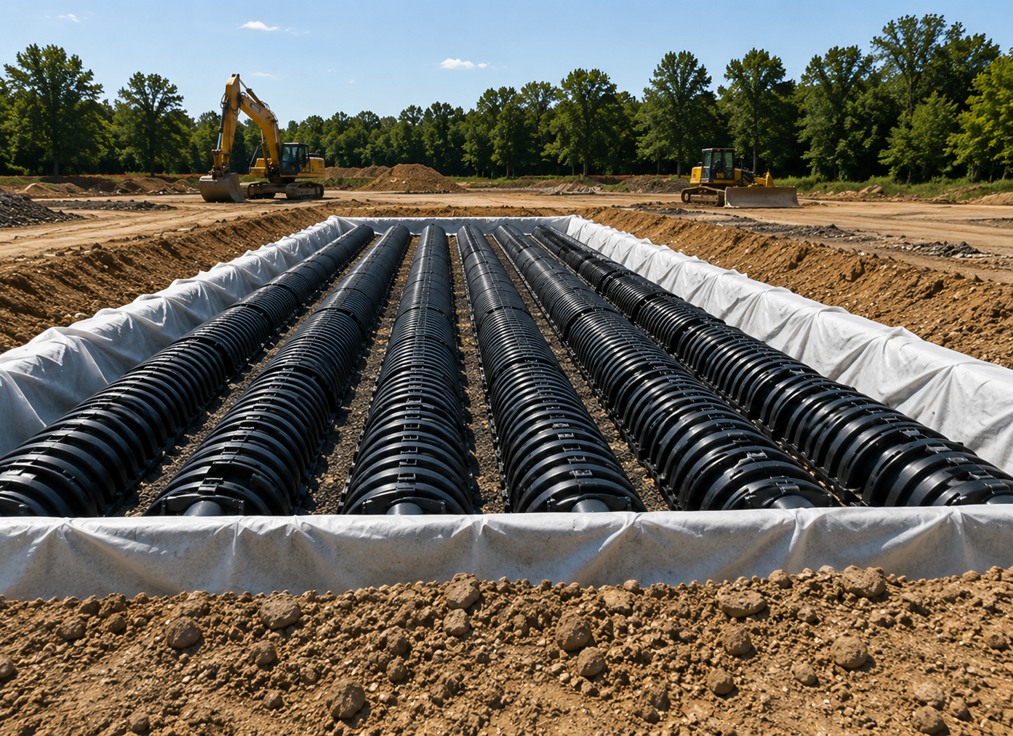 Rows of HDPE detention pipe in a geotextile-lined basin during underground stormwater detention installation on a Northern Virginia construction site.