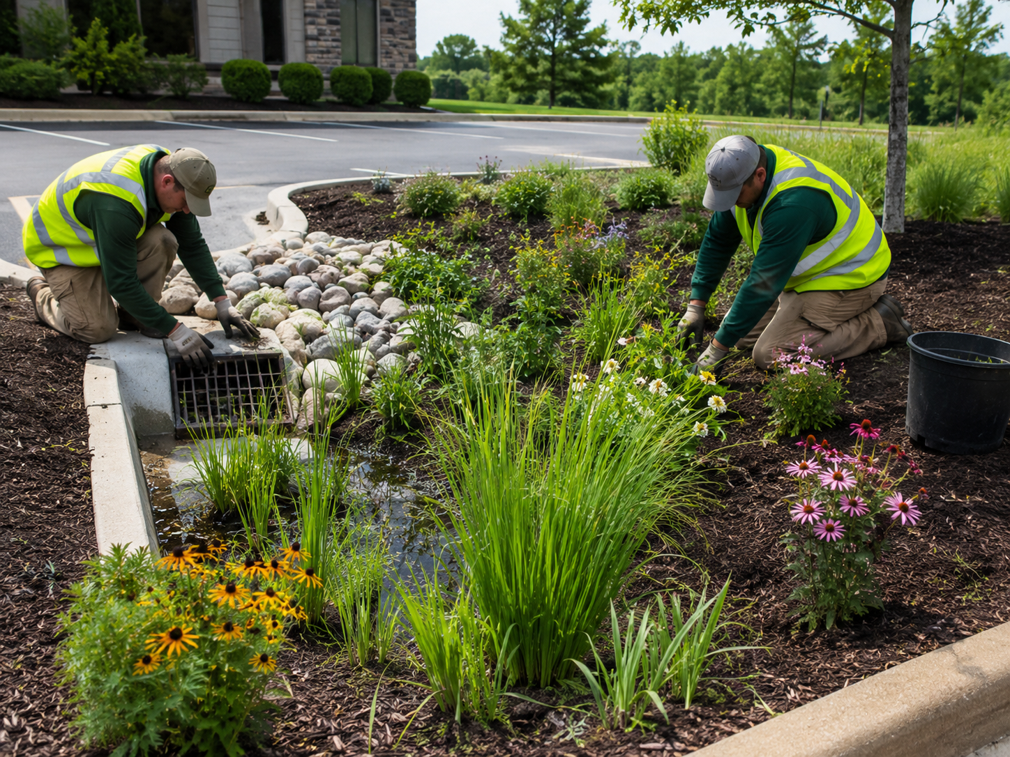 Crew in safety vests performing bioretention maintenance, clearing a curb inlet and tending native plantings at a commercial property in Northern Virginia.