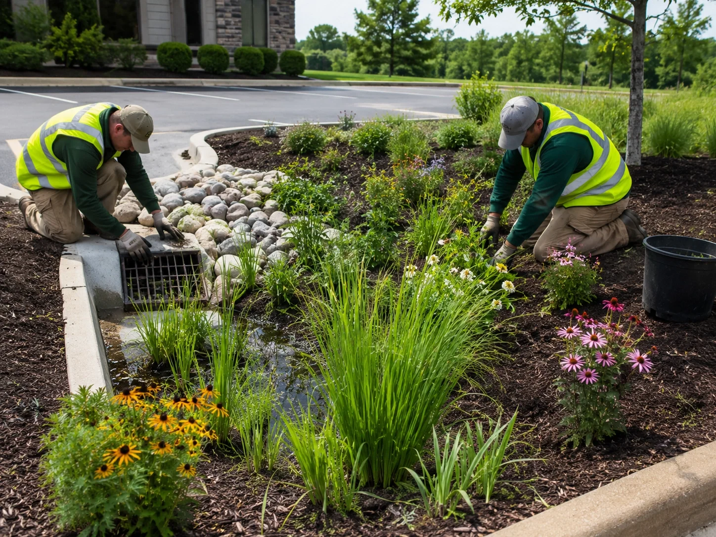 Crew maintaining commercial rain garden inlet area with native plants, mulch, stone channel, curb opening, and stormwater drainage basin.