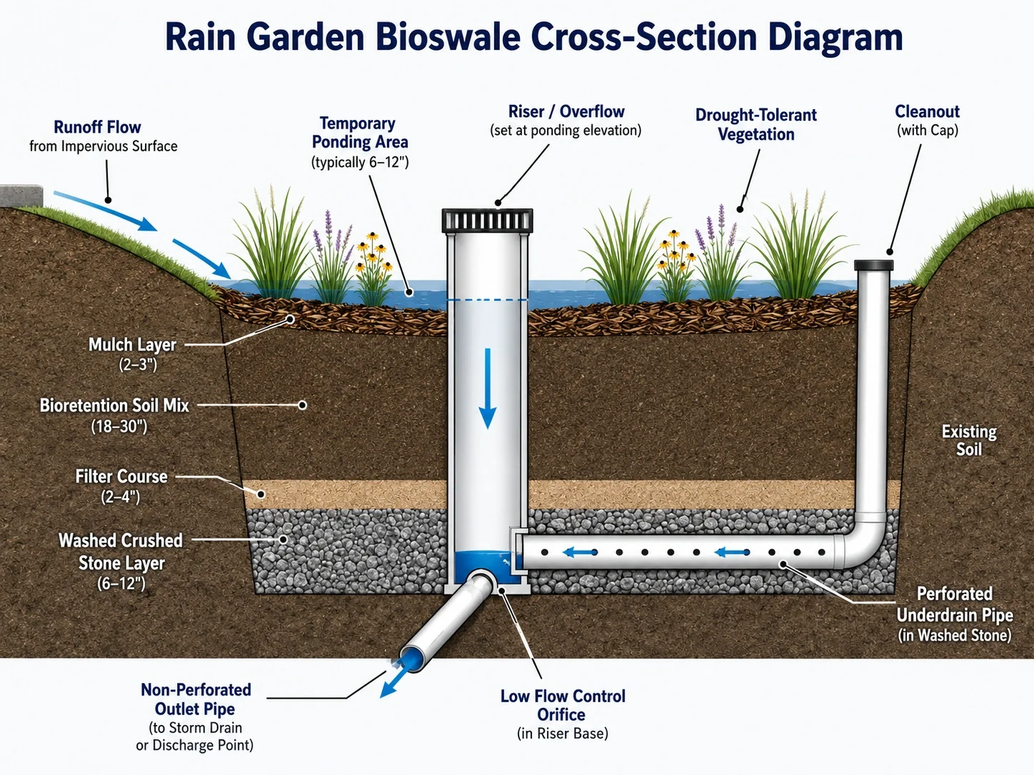 Rain garden bioswale cross-section diagram showing ponding area, mulch, bioretention soil, stone layer, underdrain, cleanout, and outlet pipe.