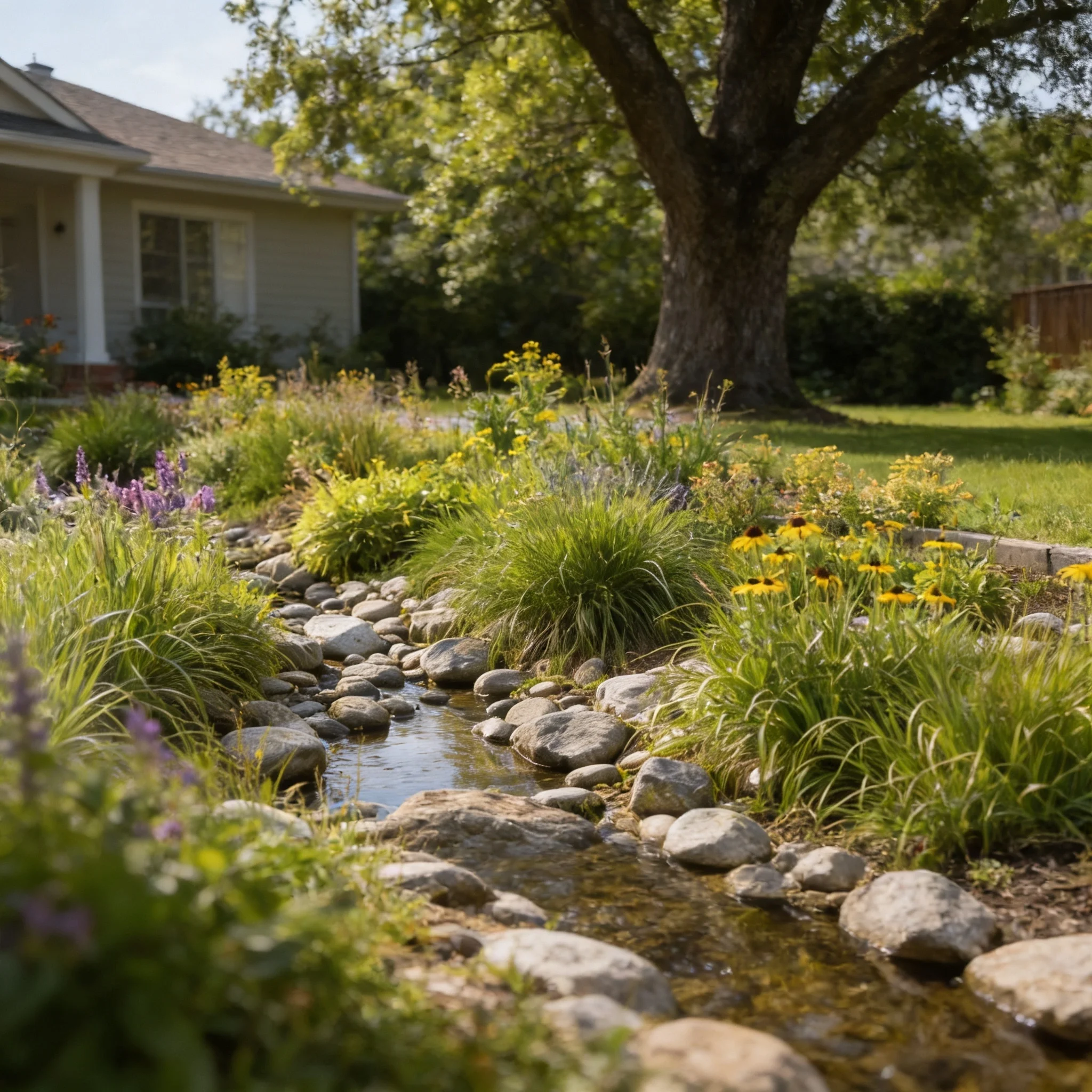Residential rain garden with stone channel, native plants, flowering perennials, and landscaped drainage area beside a home.