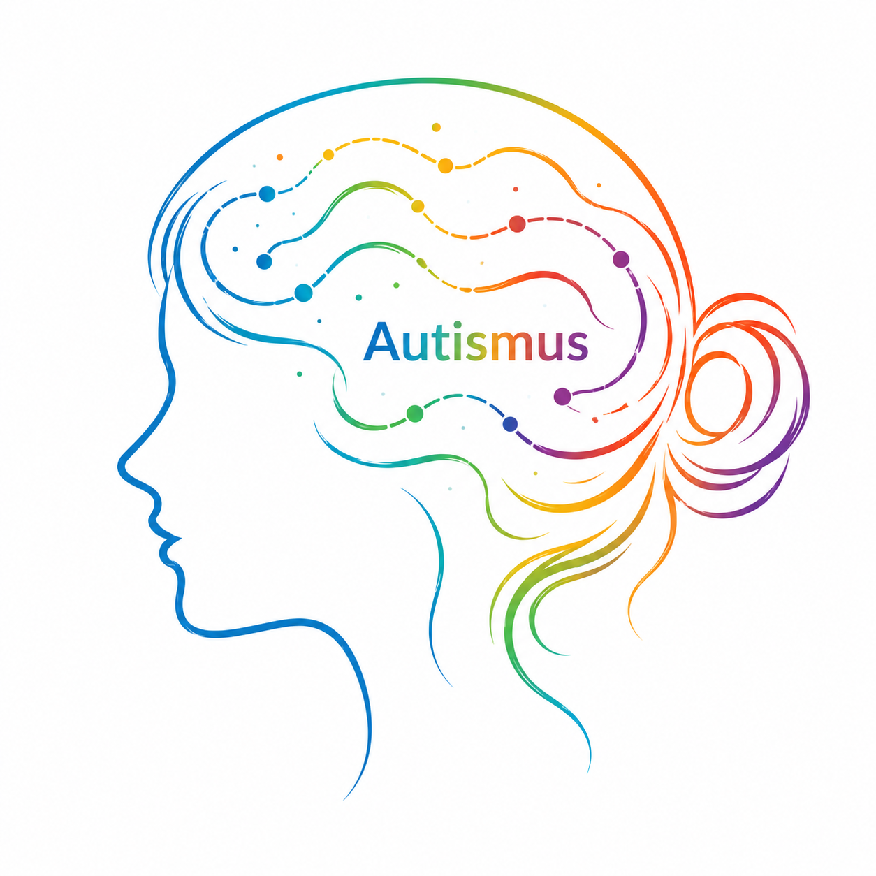 Illustration eines Profils eines Kindes mit einem farbigen, abstrahierten Gehirn, in dem das Wort 'Autismus' in Regenbogenfarben geschrieben ist.