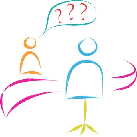 Illustration von zwei Personen, eine orange, die Fragen stellt, und eine blaue, die zuhört, mit drei roten Fragezeichen im Sprechblasenfeld über der orangefarbenen Person.