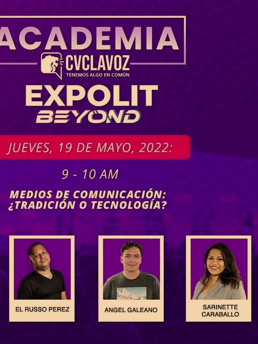 19 de mayo de 2022
Charla y panel sobre medios de comunicación
Academia CVCLAVOZ, Expolit 2022