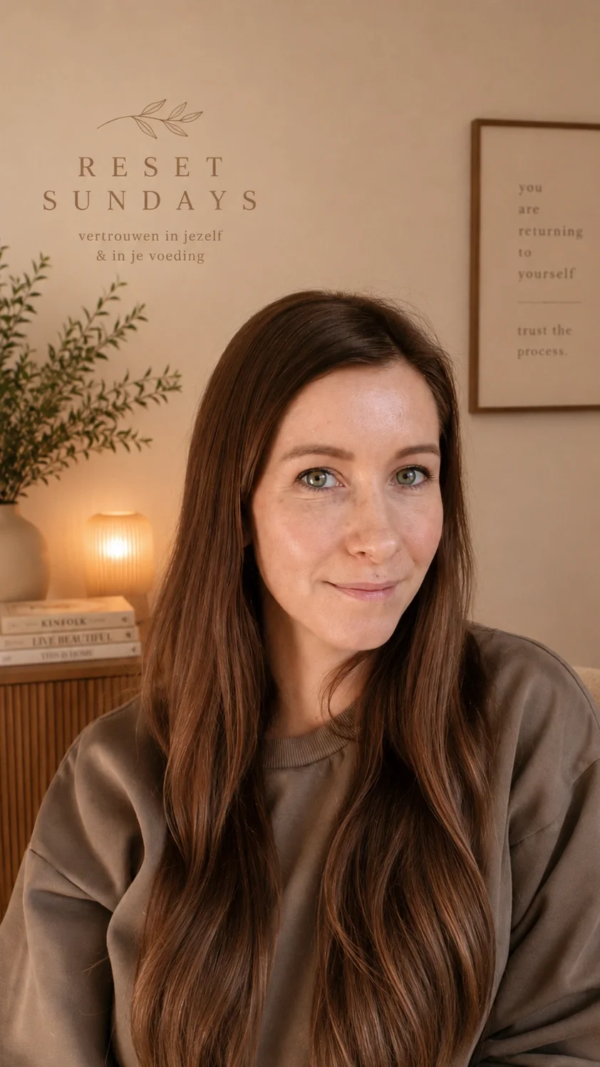 Een vrouw met lang bruin haar en een hoodie, zittend in een gezellige kamer met plant en wanddecoraties, waaronder een papier met de tekst 'RESET SUNDAYS' en een lijst met woorden