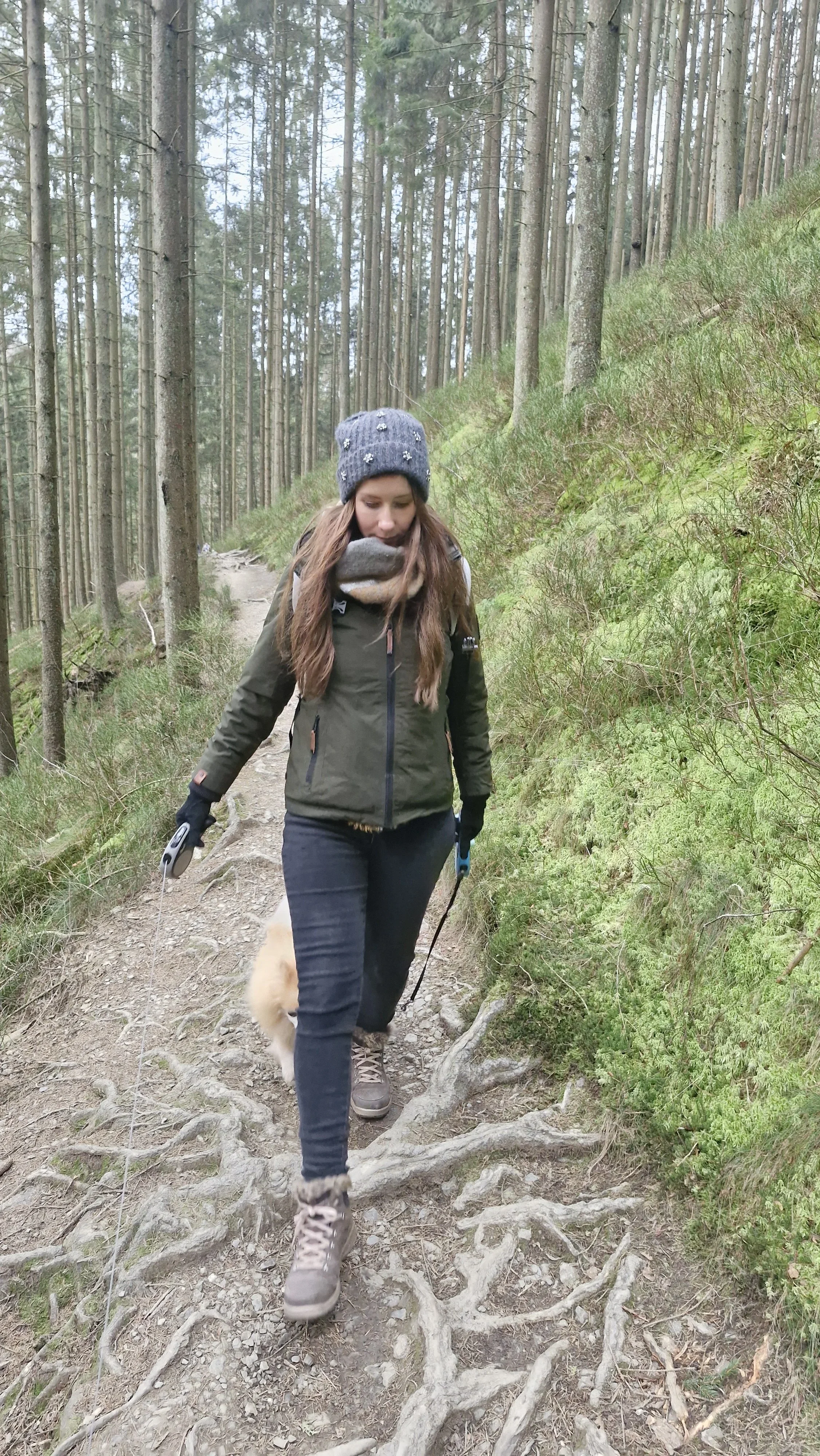 Vrouw die wandelt met haar hond in een bos, met lange wortels op het pad en omringd door dennenbomen.