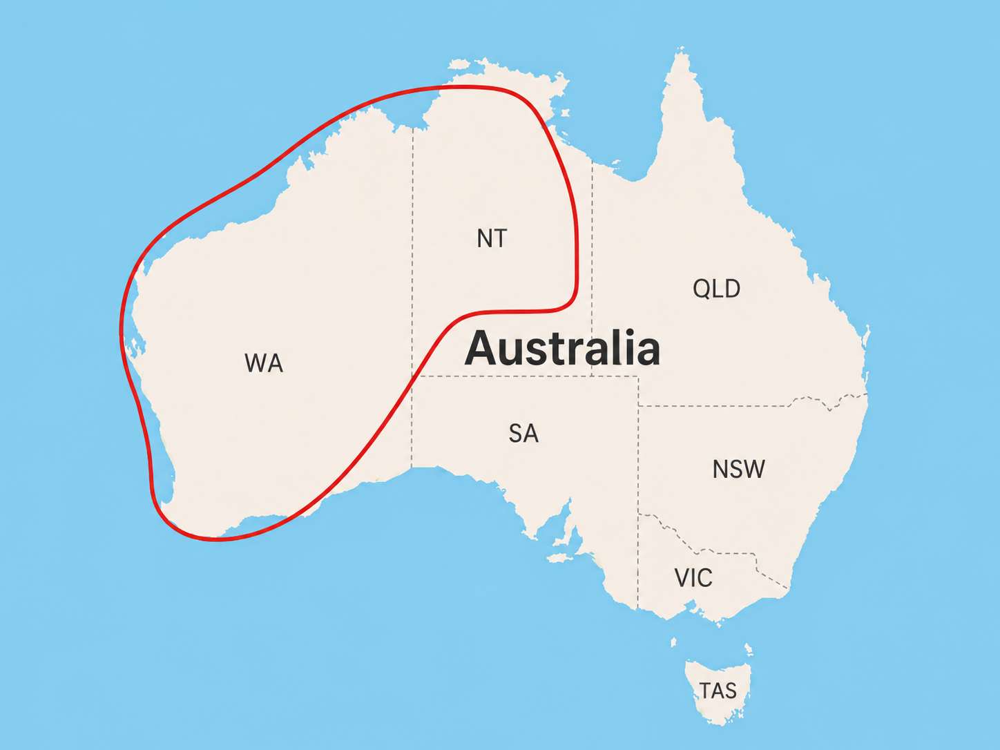 Map of Australia highlighting the state of Western Australia and the Northern Territory with a red border surrounding it.