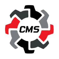 A circular logo with interlocking gear shapes in black, gray, and red, featuring the text 'CMS' in the center.