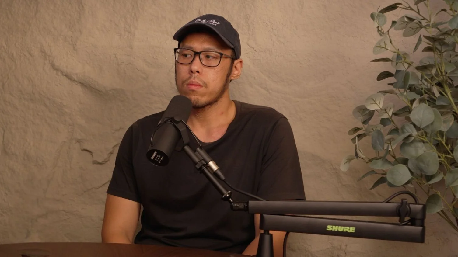 A man wearing glasses, a black baseball cap, and a black shirt is speaking into a microphone at a table, with a leafy plant to his right, against a textured beige wall background.