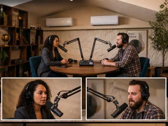 Two people, a woman and a man, are recording a podcast at Studio Analogue with microphones and headphones, seated across from each other at a wooden table.