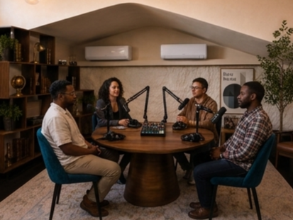 Four people sitting around a round table with microphones, recording at Studio Analogue, Singapore Boutique Podcast and vodcast recording studio