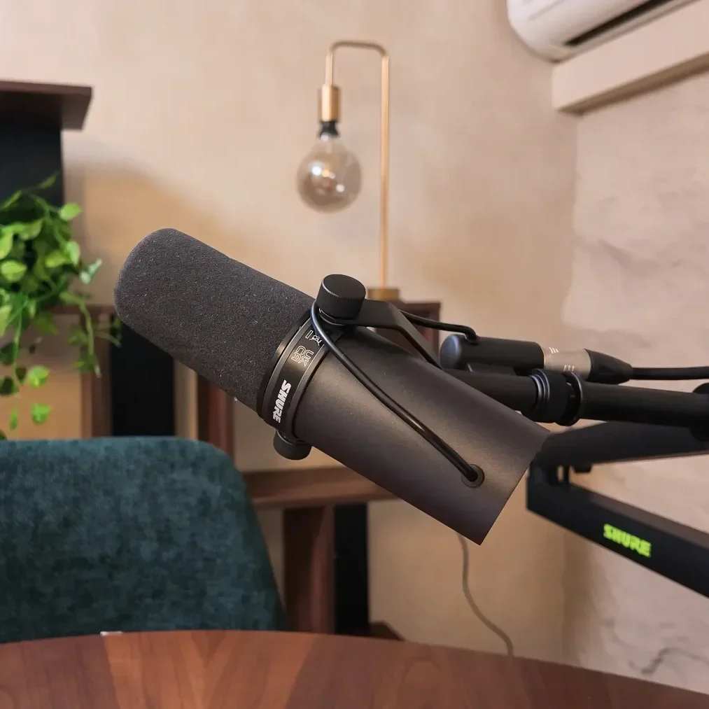 A professional microphone mounted on a desk stand at Studio Analogue, Singapore boutique podcast recording studio.  In the background, a modern lamp, a green plant, and part of an air conditioning unit are visible.