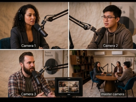 Four people participating in a podcast or interview, with three individuals speaking into microphones at Studio Analogue, Singapore Boutique Podcast and vodcast recording studio