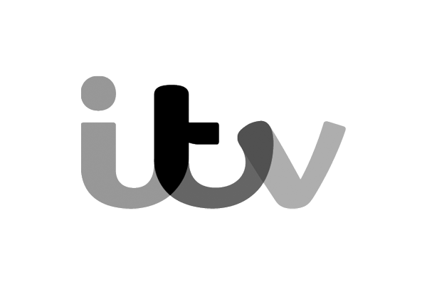 ITV logo in grayscale with stylized lowercase letters 'itv' on a black background.