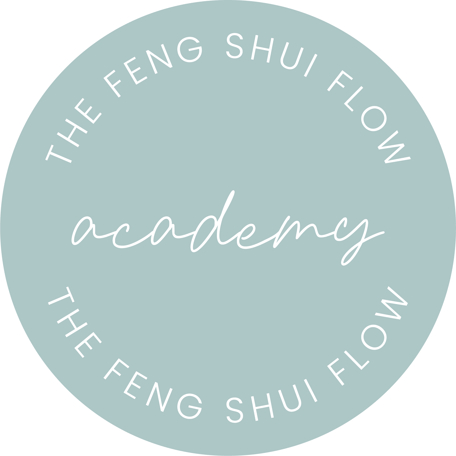 Close-up of a circular design with a light blue background and white curved text that reads 'THE FENG SHUI FLOW' and 'THE FENG SHUI'.