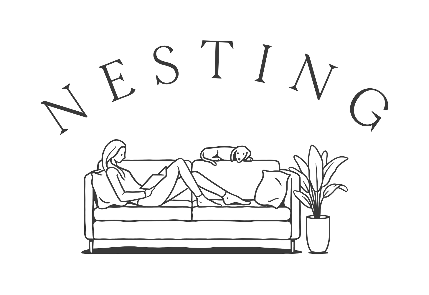 Line drawing of a woman sitting on a sofa reading a book, with a cat resting next to her and a potted plant nearby, above the word 'WELLNESS' in arched letters.