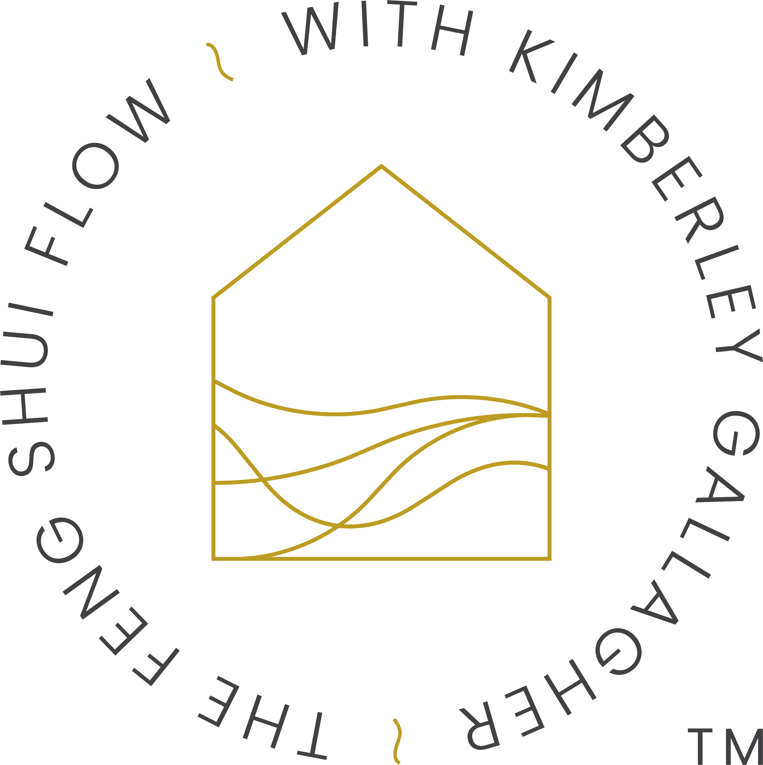 The Feng Shui Flow icon. An Illustration of a gold house with a small line extending from one corner, surrounded by circular text reading 'The Feng Shui Flow' and 'With Kimberley Gallagher' in circular text, written in gray font.