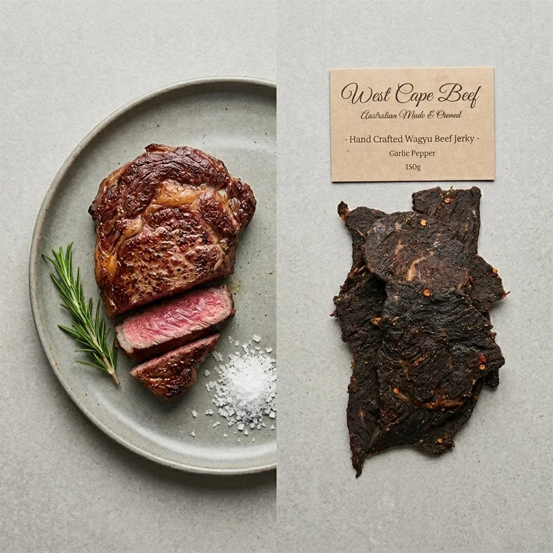 A plate with a cooked piece of beef steak, garnished with a sprig of rosemary and salt, and a slice of every cooked, seasoned beef jerky labeled 'West Cape Beef' with a note that it is handmade and made in Australia.