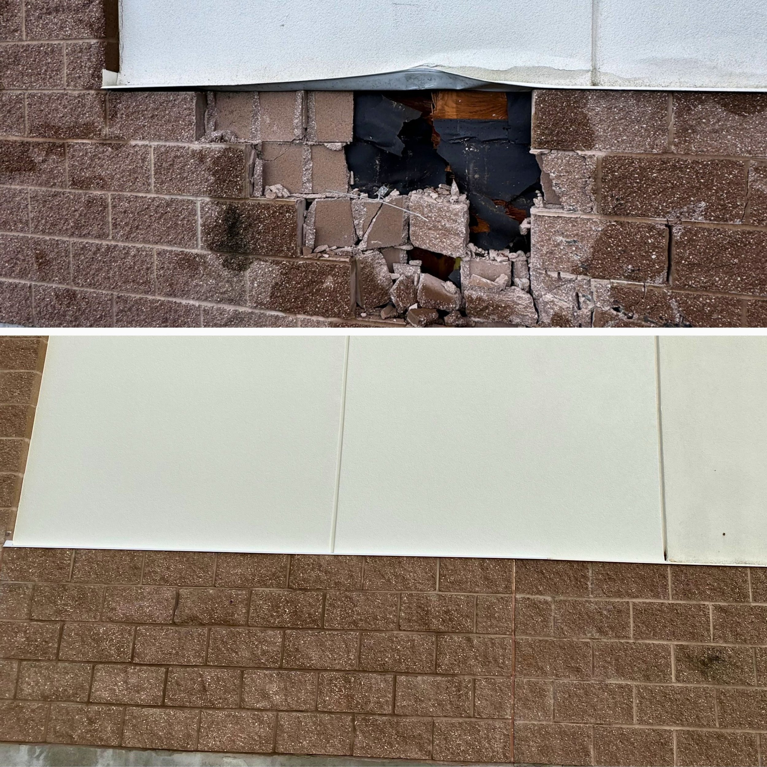 Close-up image showing damaged brick wall with a section of wall removed, exposing inner materials and loose debris.