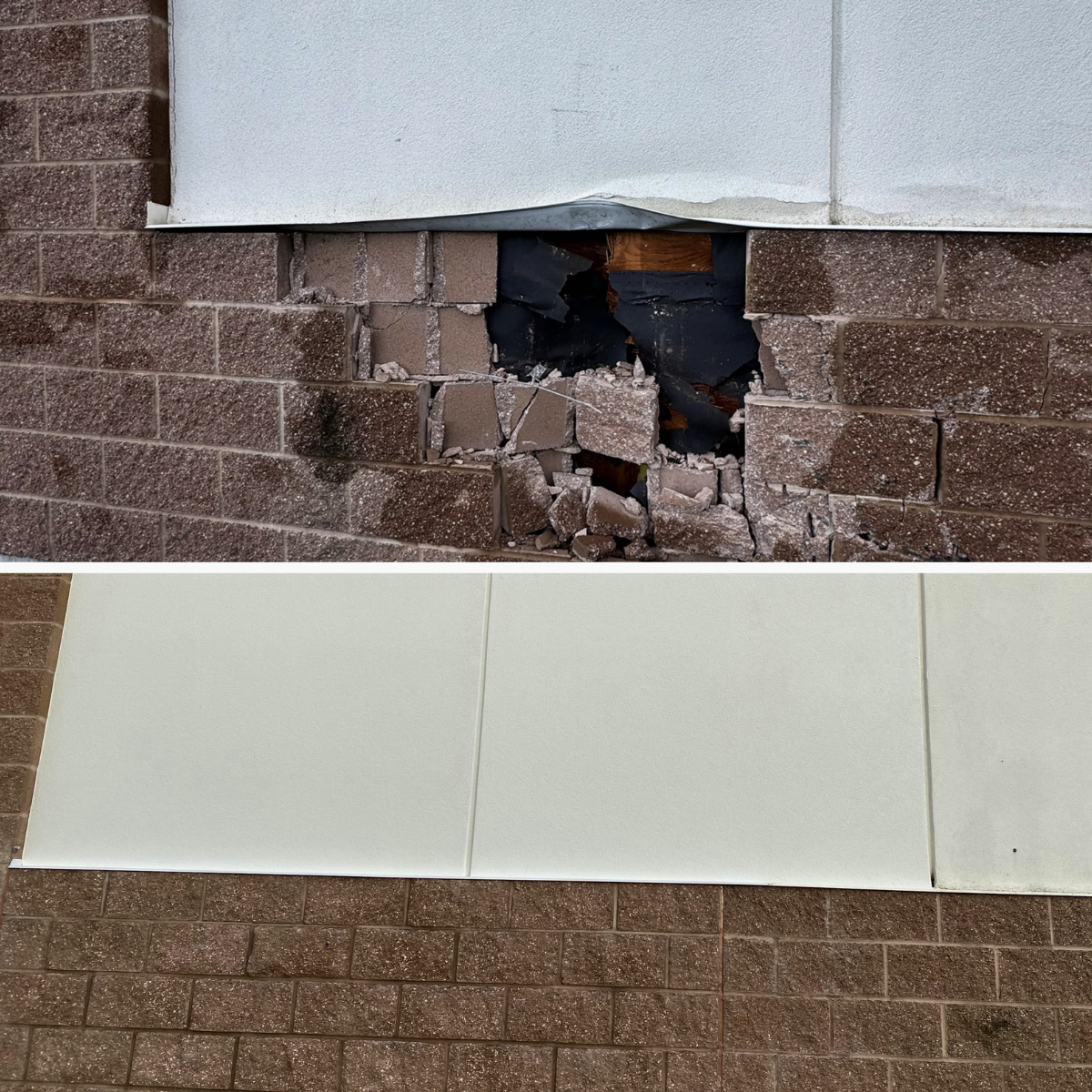 Top image shows damaged brick wall with a large hole and debris; bottom image shows the repaired section with new white tiles installed over the original brick wall.