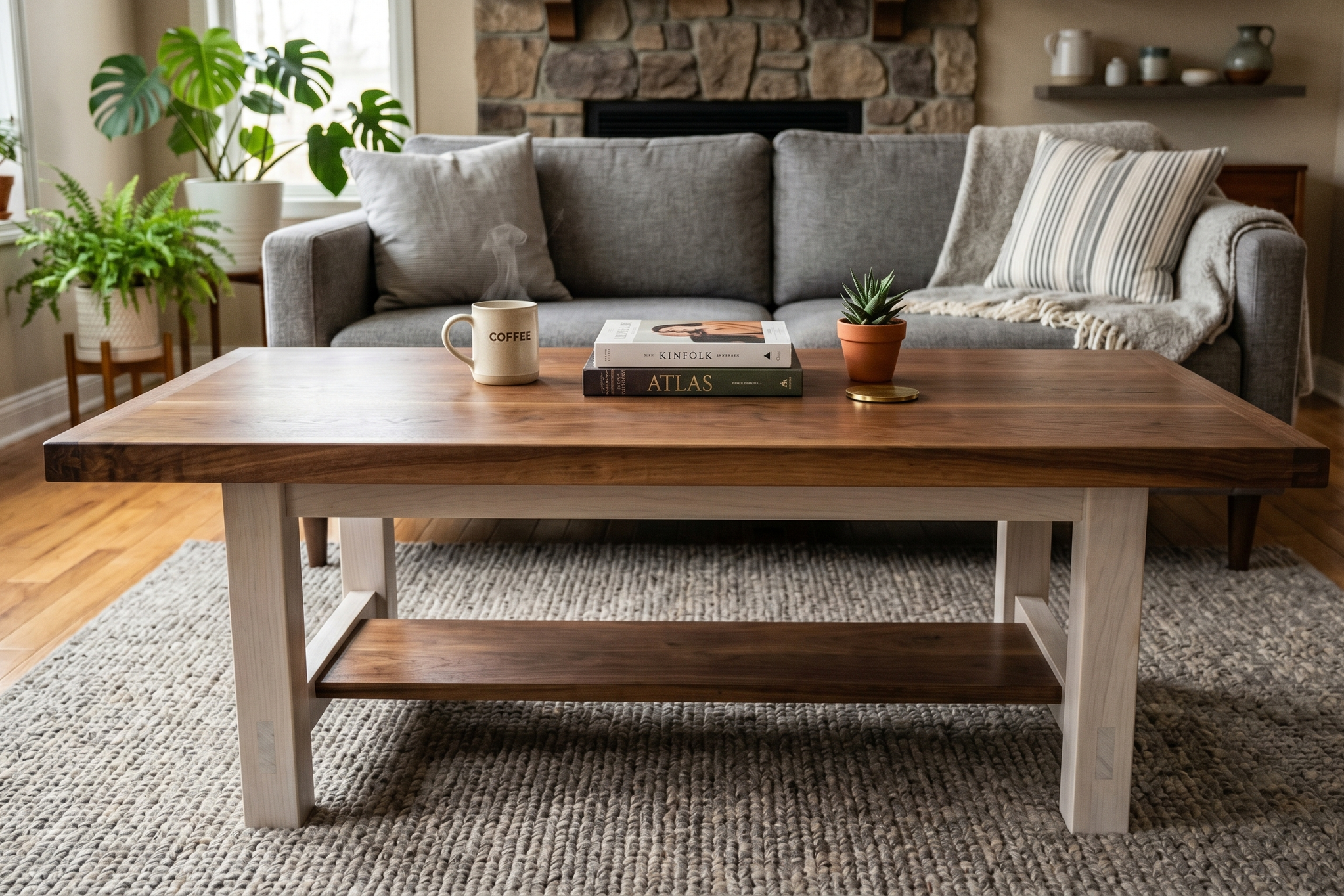 Living room with a light gray sofa, a wooden coffee table with books, a potted succulent plant, and a steaming mug. There are large green houseplants near the window, a stone fireplace, and a shelf with decorative items in the background. The room has hardwood floors and a textured rug.