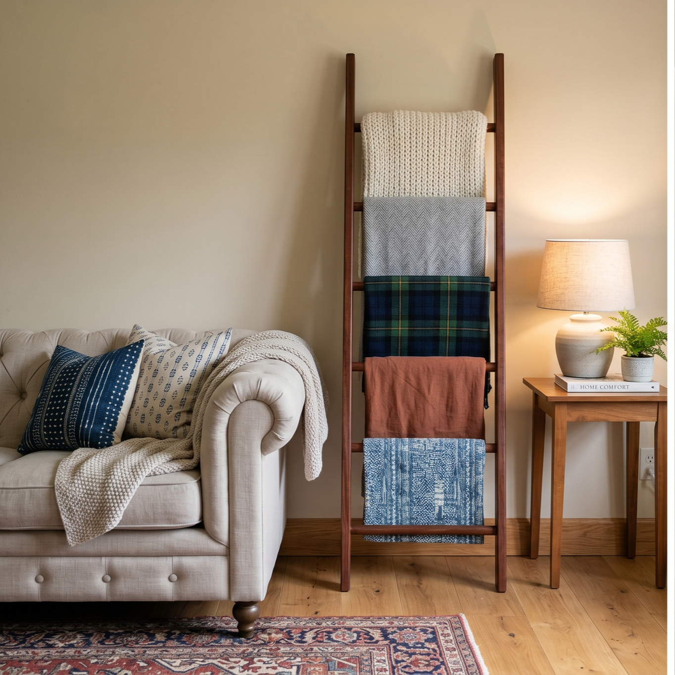 Living room with a beige tufted sofa decorated with blue and white pillows and a beige blanket, wooden ladder with folded textiles, and a wooden side table with a lamp, potted fern, and a book.