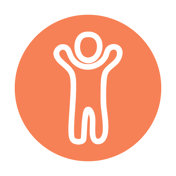 Icon of a happy person with arms raised inside an orange circle.